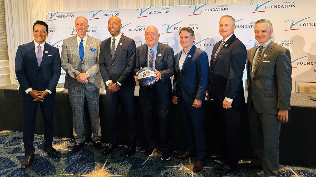 Dick Vitale (center) stands with host Kevin Negandhi (far left) and the 2024 Vitale Gala honorees from left to right: Jim Kelly, Derek Jeter, Jeff Gordon, Rick Barnes and Shane Jacobson. The 2025 Dick Vitale Gala is Friday, May 2 at the Ritz-Carlton in Sarasota.