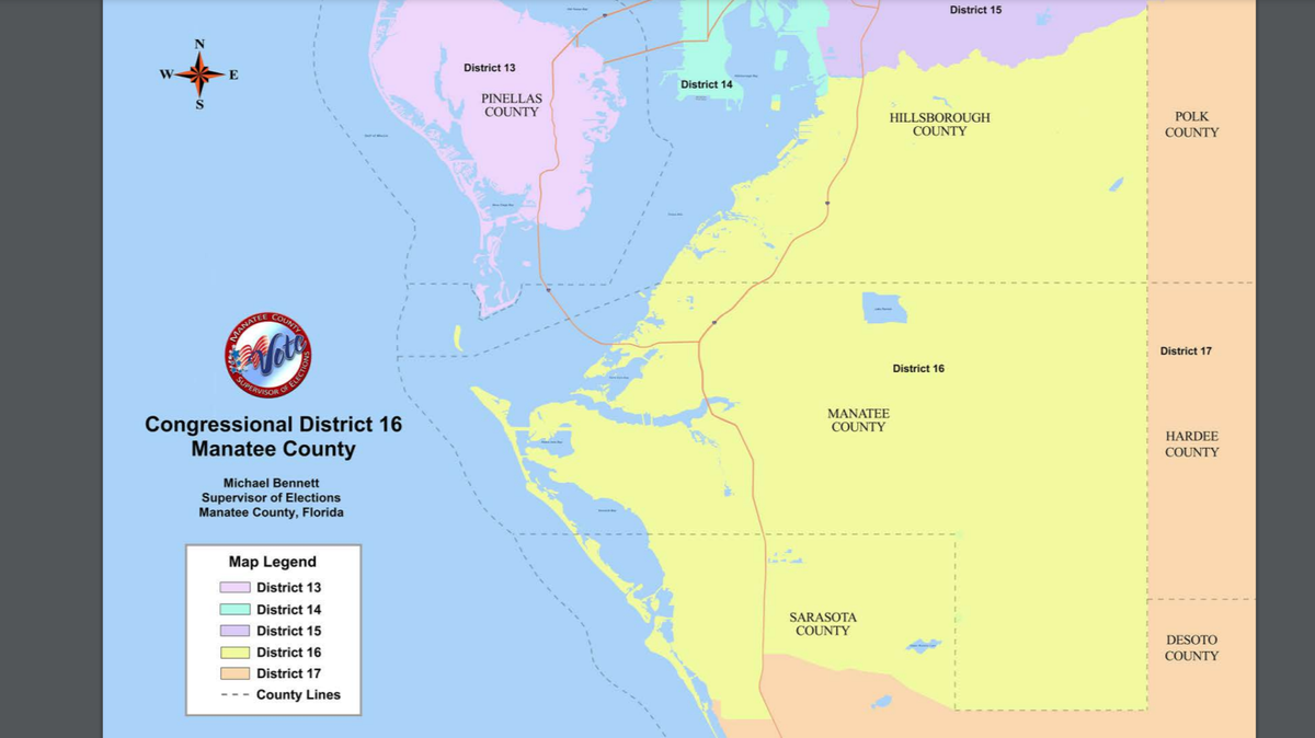 Florida’s congressional maps have been updated to remove Sarasota County from the FL-16 district. The outdated boundary lines are shown in the map above.
