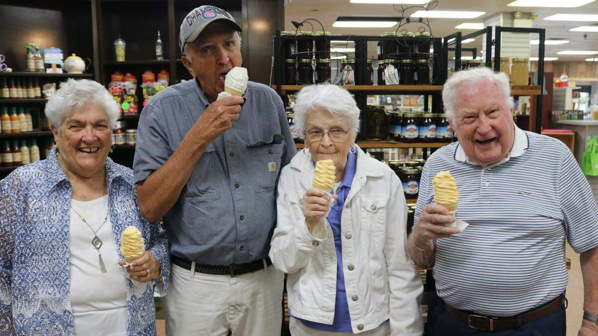 Enjoying the soft serve at Mixon Fruit Farms on April 12, 2022, were, from left, Sally Rolfe, Mike Rafferty, Suzanne Hohman and Tom Rolfe. They are among the regulars who frequent the business.