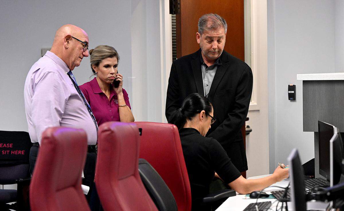 Manatee County Deputy Public Safety Dir. Steve Litschauer, Deputy County Administrator Courtney De Pol, interim County Administrator Charlie Bishop and Deputy Public Safety Director Jodie Fiske meet in preparation for Idalia’s expected strengthening and approach on Monday, Aug. 28, 2023.
