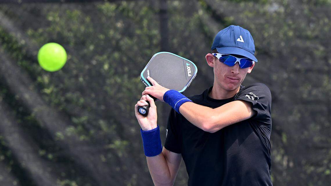 John Lucian Goins, 17, recently won his first PPA (Professional Pickleball Association) Tour title. Here he plays at the Laurel Oaks Country Club on August 15, 2025. The Bradenton resident won the men's singles championship at the Veolia Bristol Open in Tennessee. 