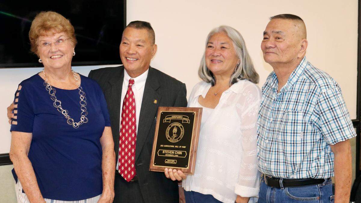 Norma Kennedy nominated Steven Chin for the Manatee County Agriculture Hall of Fame. She is shown Nov. 9, 2022, with Mr. Chin’s children, Stuart, Cindy and Robin Chin.