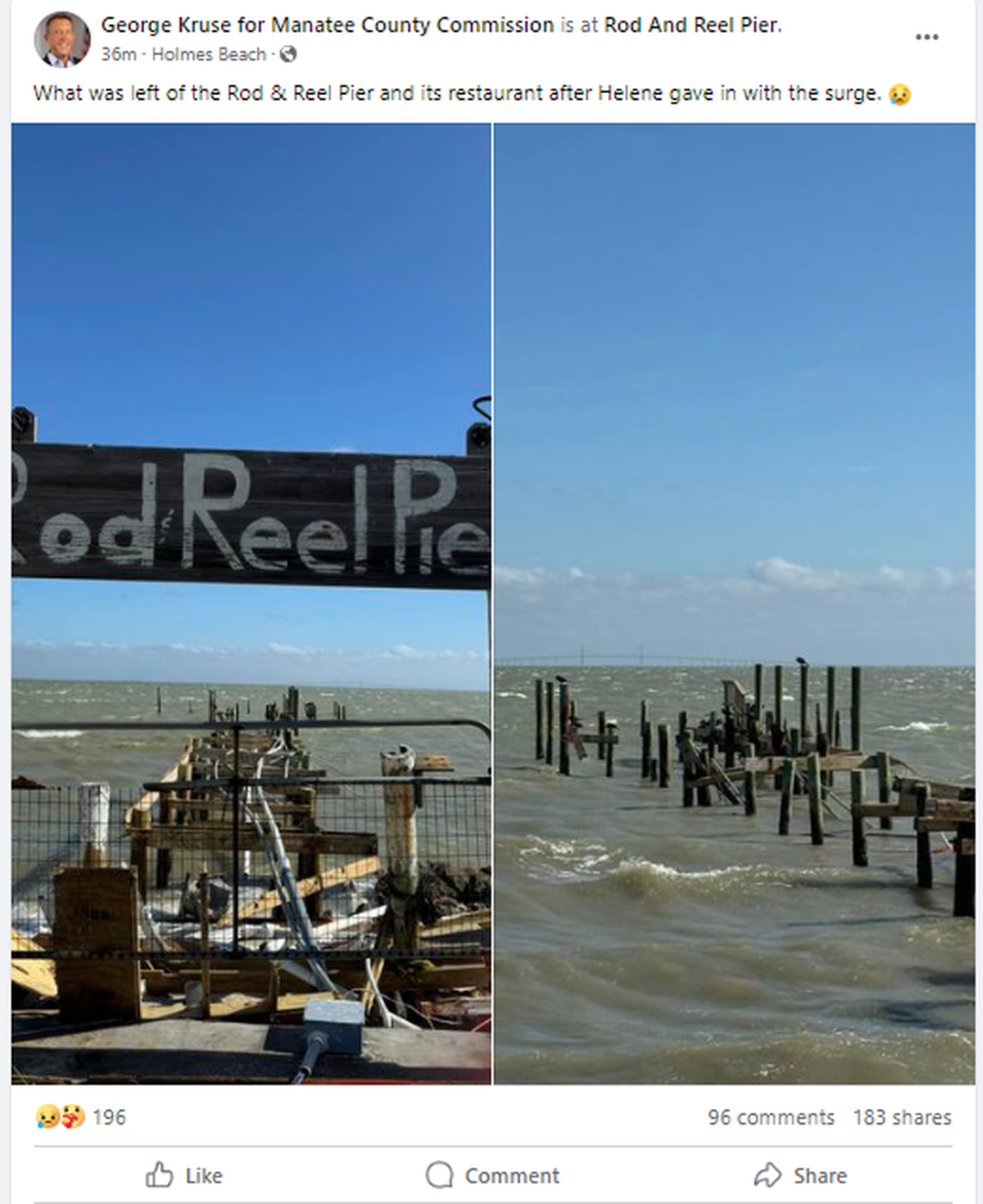 County commissioner George Kruse posted a split image of Anna Maria Island’s iconic Rod and Reel Pier restaurant from post-Hurricane Helene to Hurricane Milton wiping out what was left on Wednesday, Oct. 9, 2024.