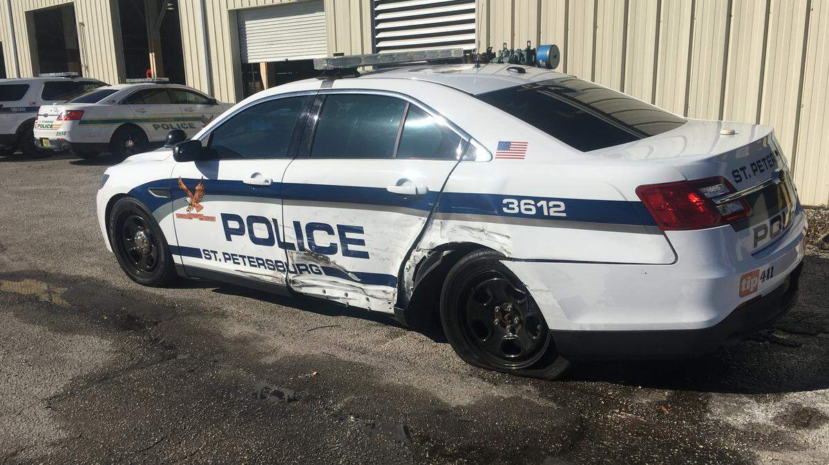 A St. Petersburg police officer is recuperating at home, but did not suffer serious injuries, after her patrol vehicle was struck by another vehicle early Monday.