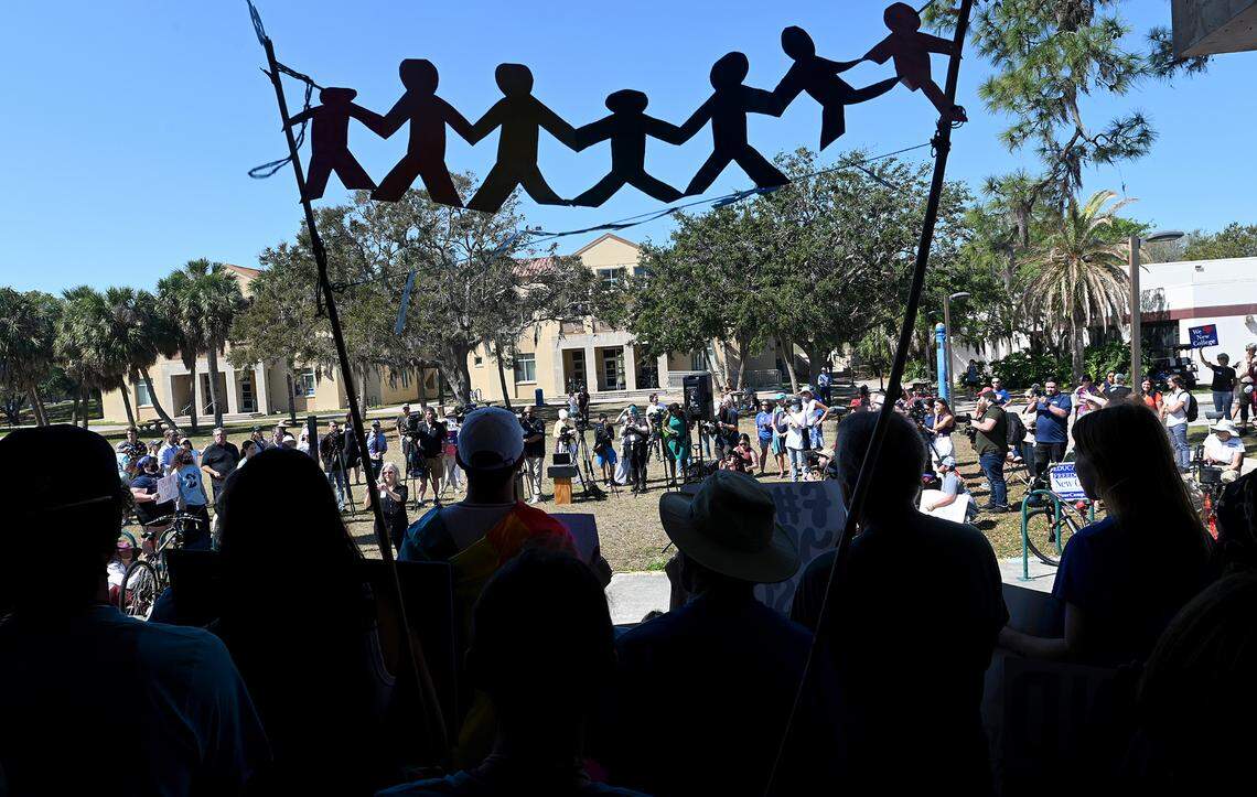 Students gathered near the Sudakoff Center at New College on Feb. 28 before a meeting of the new board of trustees to make passionate speeches; sharing their experiences and hopes for an inclusive and diverse student body to continue.