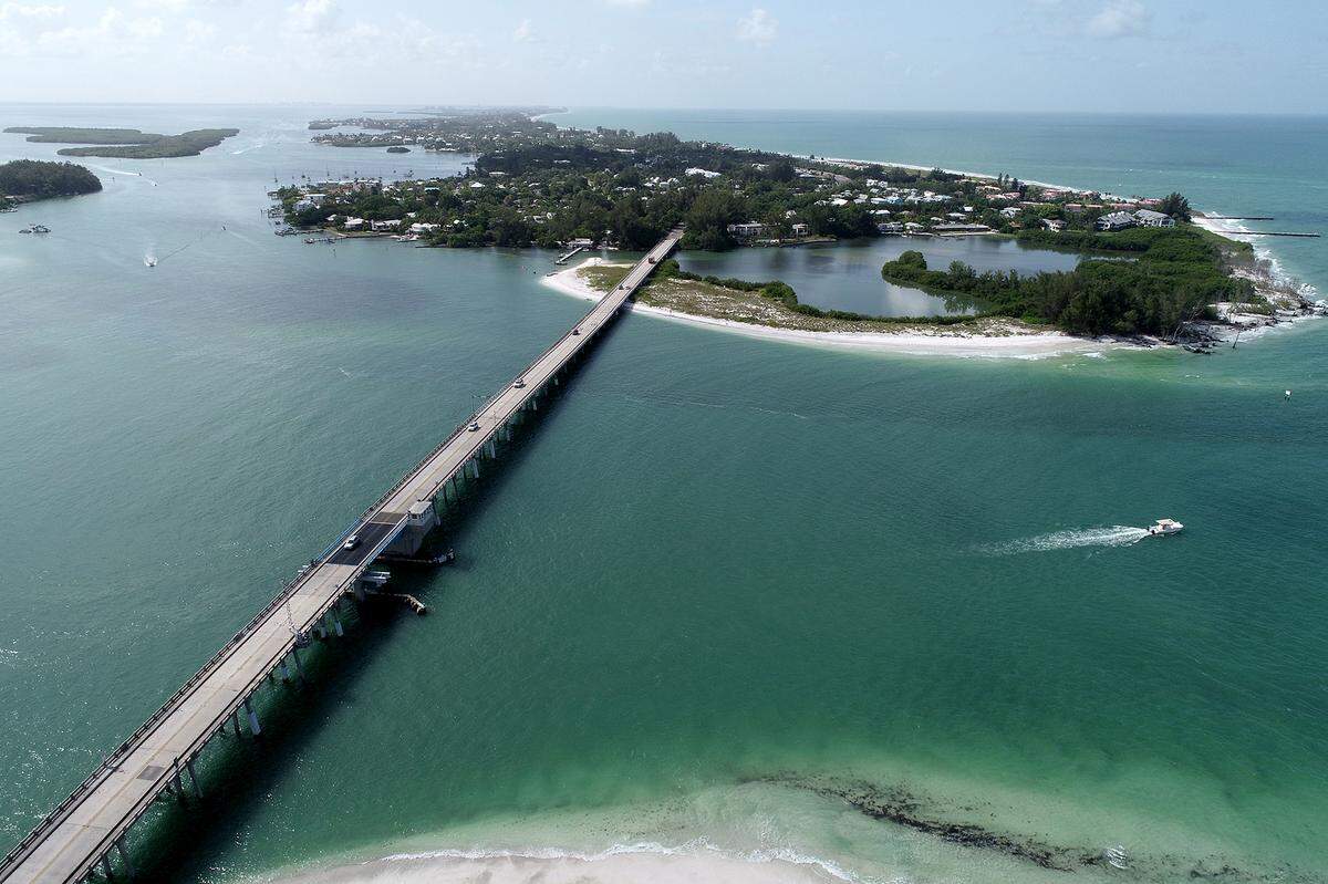 A drone shot looking south over Longboat Key recently where the town of Longboat Key continues to argue that high bacteria levels in various hot spots are not proven to be human feces.