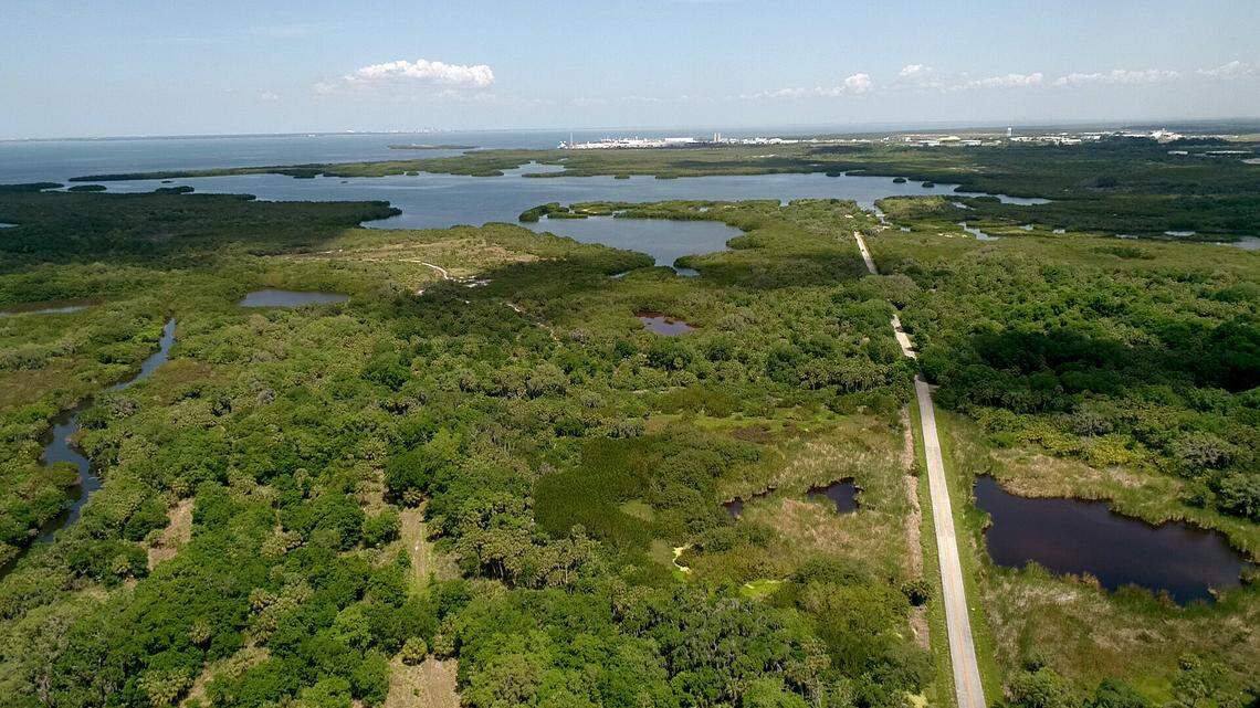 04/06/21--Drone shot just outside a temporary flight restriction enacted around Piney Point. Bishop Harbor is the large waterway, which will be affected by the outflow of contaminated water from Piney Point.
