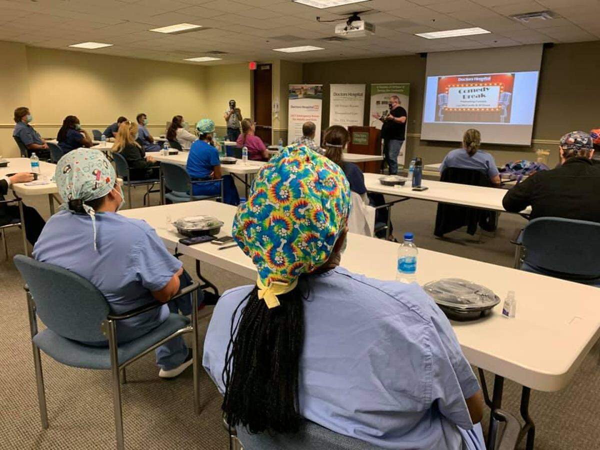 About 50 healthcare workers were able to attend each lunch break comedy session at Doctors Hospital of Sarasota with meals provided by a local Bonefish Grill.