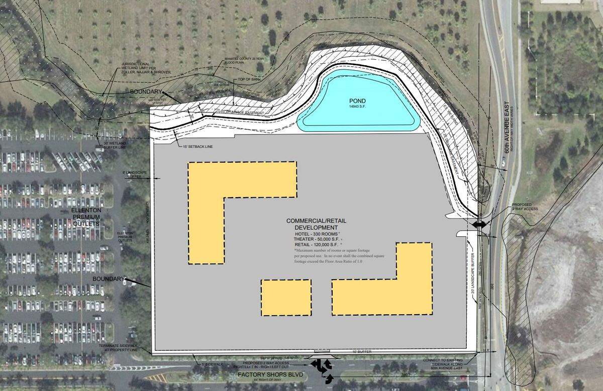 A developer is proposing to build a 50,000-square-foot movie theater, a 330-room hotel and a 120,000-square-foot retail space at the northwest corner of 60th Avenue East and Factory Shops Boulevard.