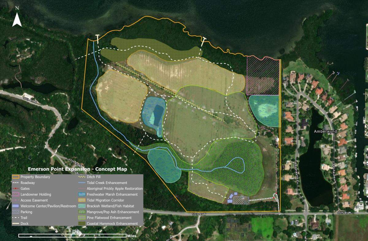 A concept map by Manatee County staff shows the possible layout of Emerson Point Preserve expansion, including areas for recreation and habitat restoration.