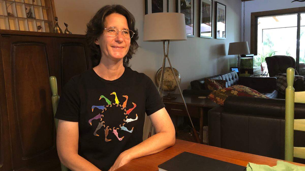 06/10/2021--Connie Wolgast wears her Proud Duck T-shirt design, which celebrates Pride Month.