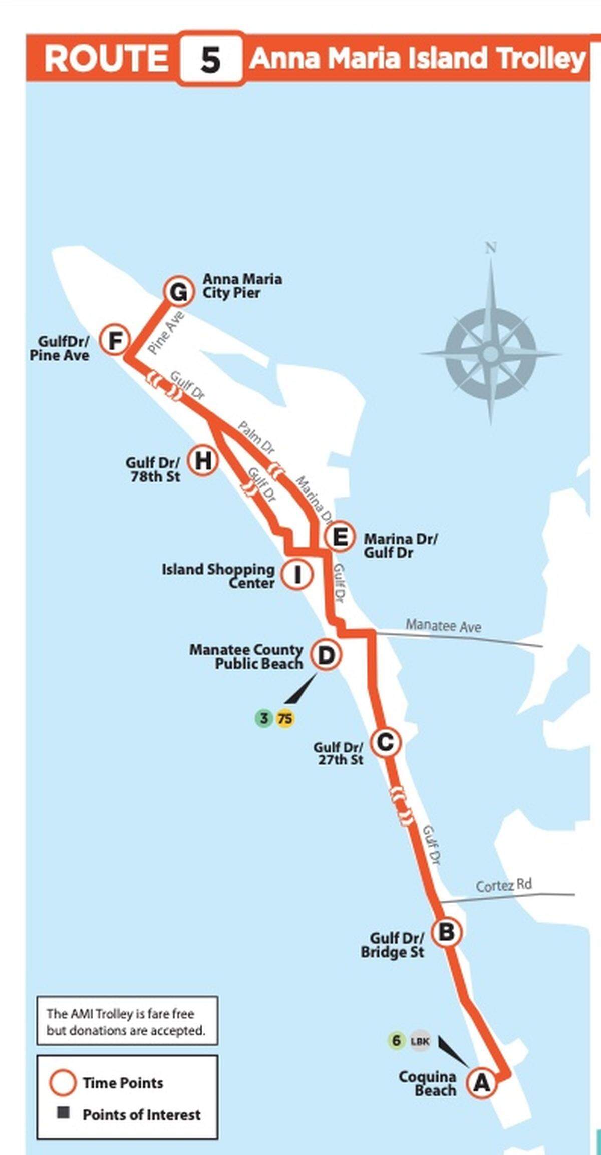 Manatee County Area Transit offers a free trolley on Anna Maria Island that operates 365 days a year, with departures every 20 minutes from 6 a.m. to 10:30 p.m. There are two trolley working the island at the same time. One is north-bound and the other is south-bound.