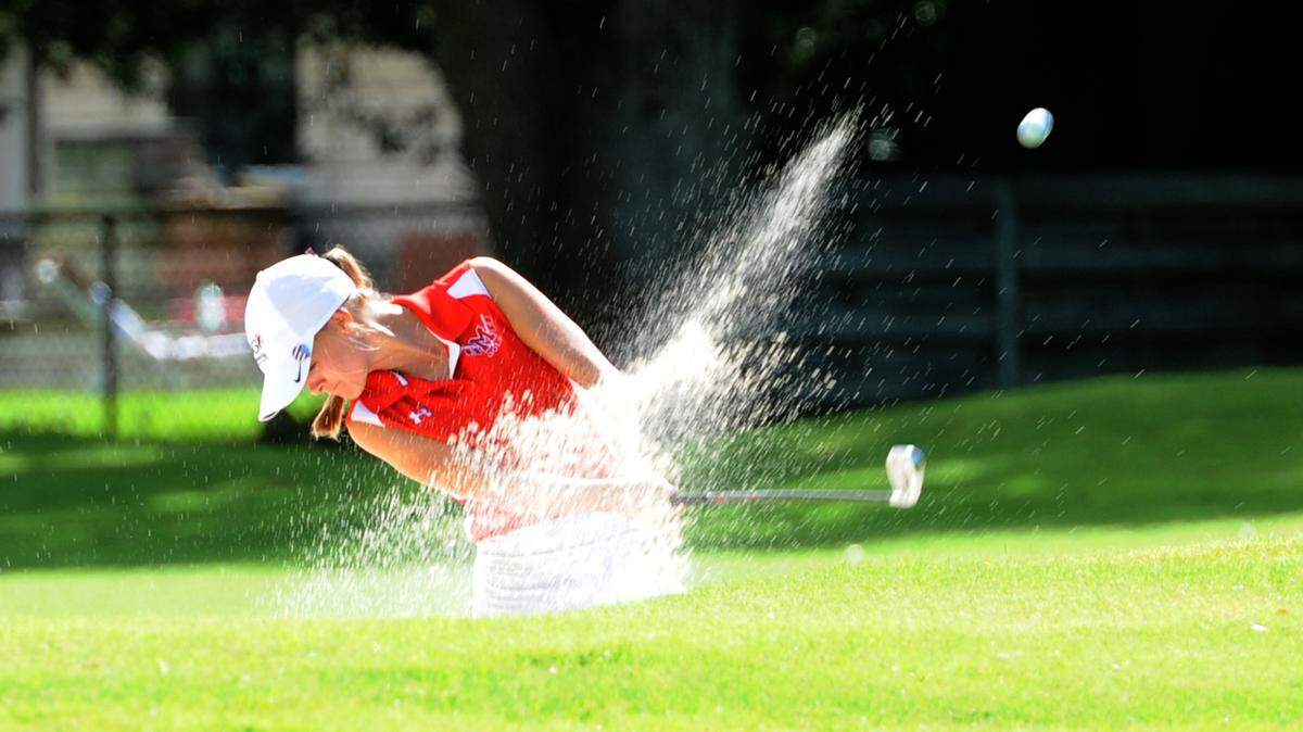 Manatee High golfer Gabrielle Tomeo hits out of a sand trap during the 22nd annual Donald Ross Memorial Invitational golf tournament Monday at Sara Bay County Club. 
 GRANT JEFFERIES/Bradenton Herald