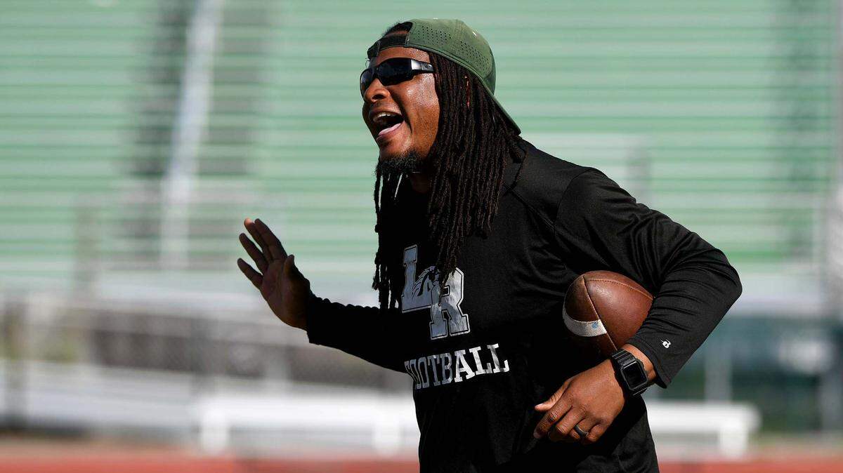 Head football coach Rashad West during Lakewood Ranch High football practice at the stadium field recently. On Feb 13, West was named the new head coach at Palmetto High.