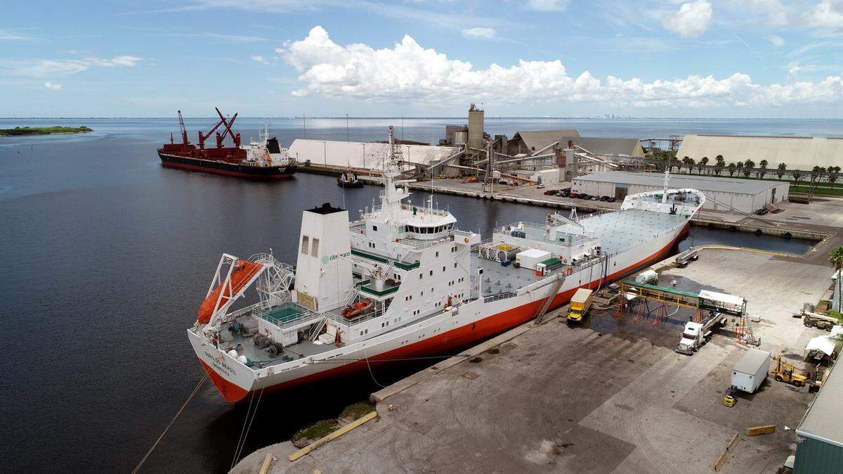 A Citrosuco North America vessel delivers orange juice from Brazil to a Port Manatee berth, part of a total annual throughput of 57 million gallons of the commodity.