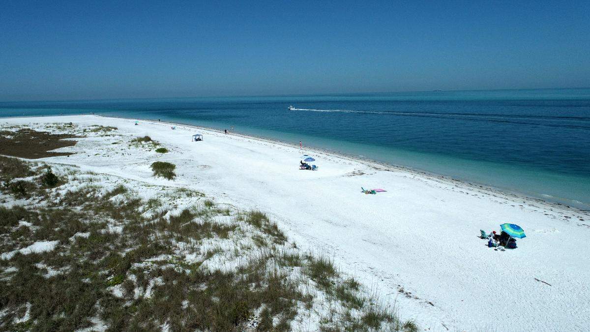 Anna Maria officials have implemented a no-swim zone near Bean Point after drowning incidents in the area. Bean Point, a popular spot for beachgoers on the northern tip of Anna Maria Island, is seen here on April 15, 2024. 