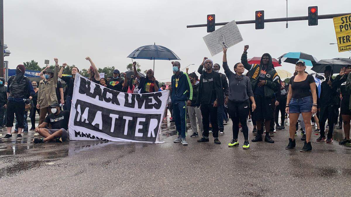 Hundreds of Black Lives Matter marchers occupy the intersection of U.S. 301 and Martin Luther King Jr. Way Wednesday evening in Sarasota as part of a protest calling for police reform in the wake of George Floyd’s death.
