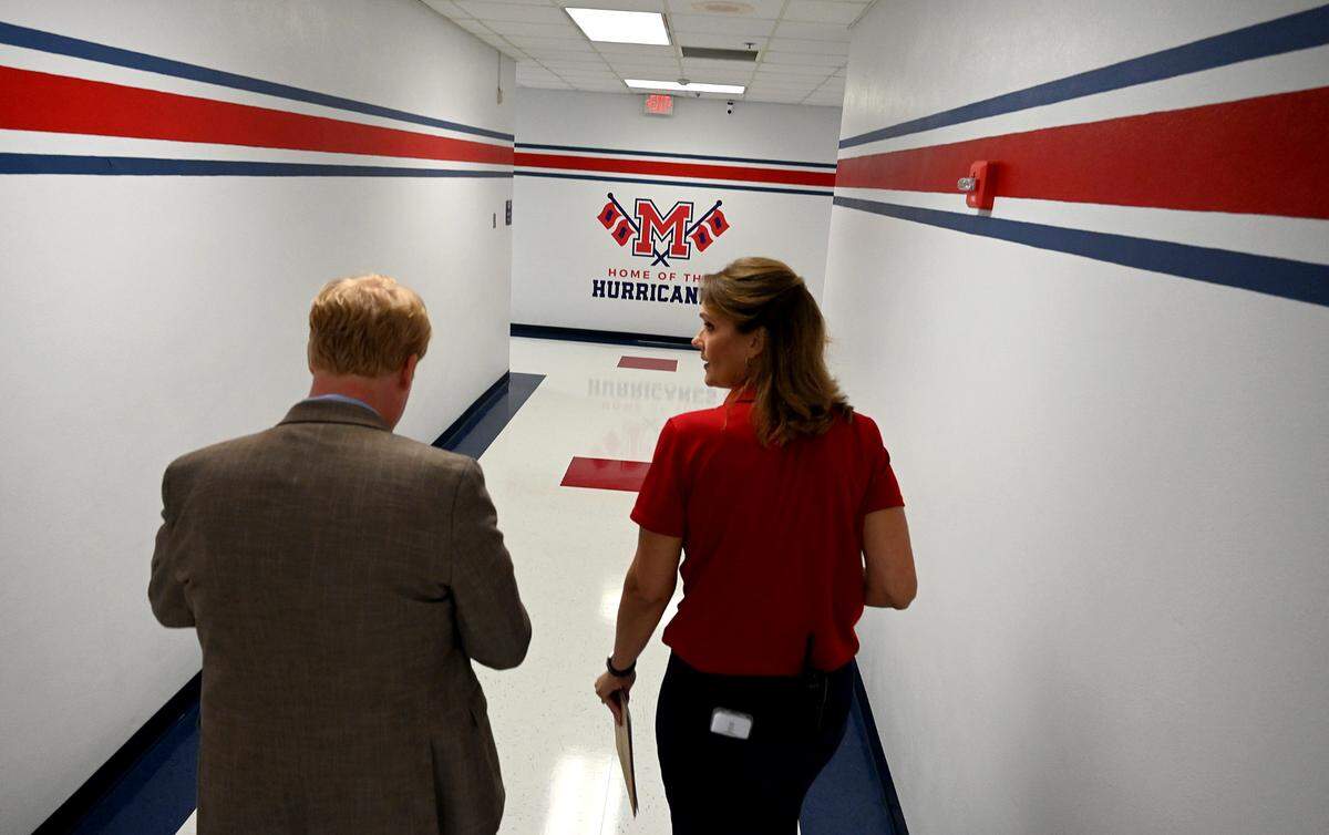 Manatee School District’s new superintendent Jason Wysong tours Manatee High with Principal Sharon Scarbrough on the first day of school.