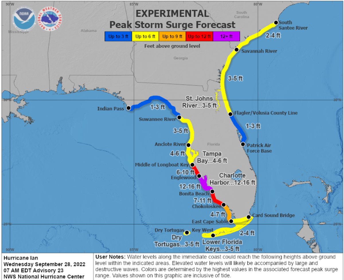 Some parts of Florida’s west coast could see up to 16 feet of storm surge from Hurricane Ian.