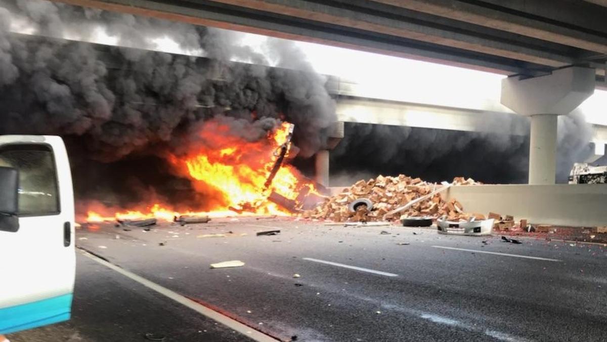 The fiery scene of a multi-vehicle crash on Tuesday, Oct. 2 at Interstate 75 and Fowler Avenue in Hillsborough County.