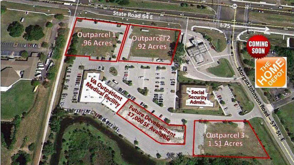 The overhead view of the Morgan Johnson Commerce Park in East Bradenton shows the location of three parcels that recently went up for sale with news that Home Depot plans to build across the street. Provided photo