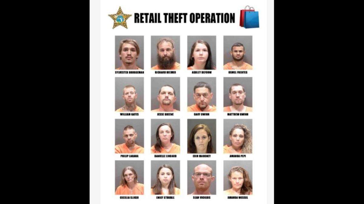 Three Bradenton residents are among 16 arrested in a Sarasota retail theft operation and picked up additional child neglect charges for bringing their children along for the crimes.