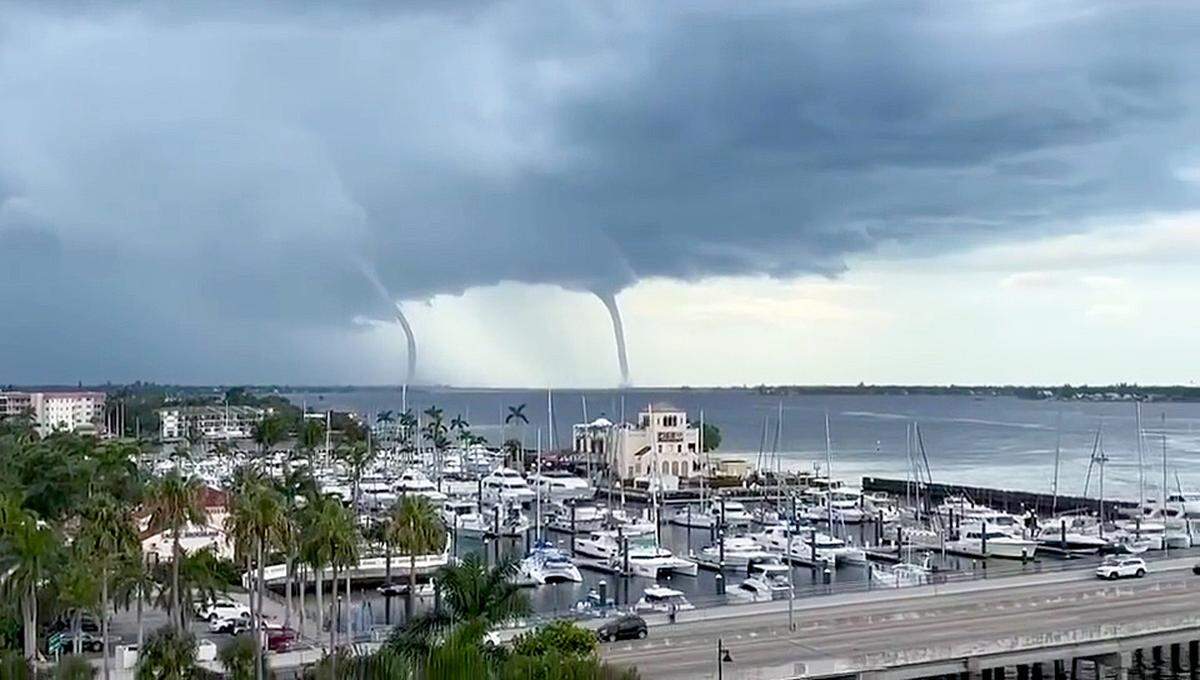 Bradenton Mayor Gene Brown captured video of twin waterspouts toward the mouth of the Manatee River on Sunday, June 22, 2025.