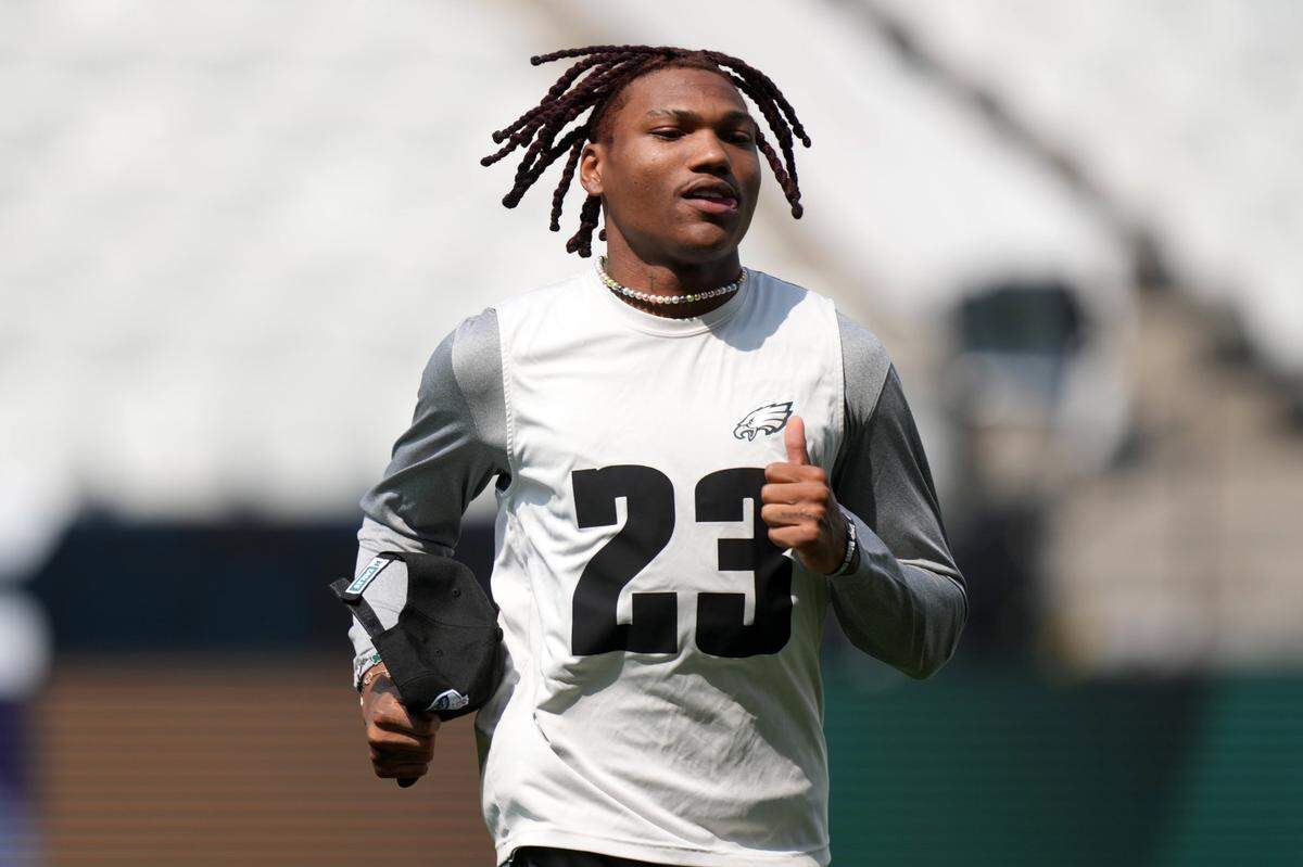 Philadelphia Eagles cornerback Eli Ricks (23) during practice at the Neo Quimica Arena on Sept. 5, 2024 in Sao Paolo, Brazil. 