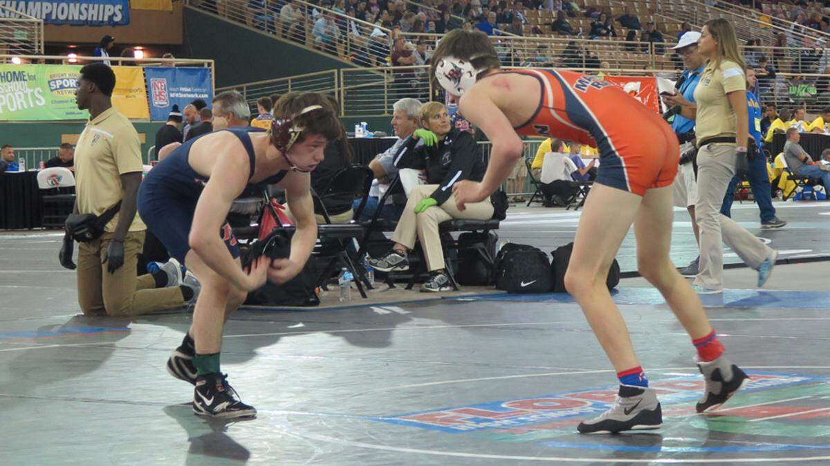 Alan Morano squares off against Englewood Lemon Bay's Albert Werden. Bradenton Christian's eighth-grade 113-pounder lost the match 5-4 and finished sixth in his first trip to the Class 1A tournament in Kissimmee. DAVID B. WILSON/Bradenton HERALD