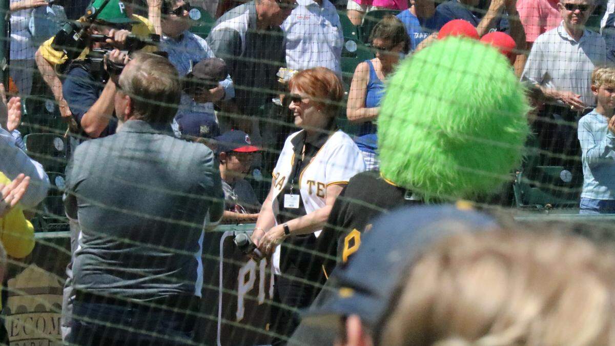 Marianne Barnebey sang the National Anthem before the first game of Spring Training as the Pittsburgh Pirates hosted the New York Yankees at LECOM Park on March 18, 2022, before a crowd of about 3,000.