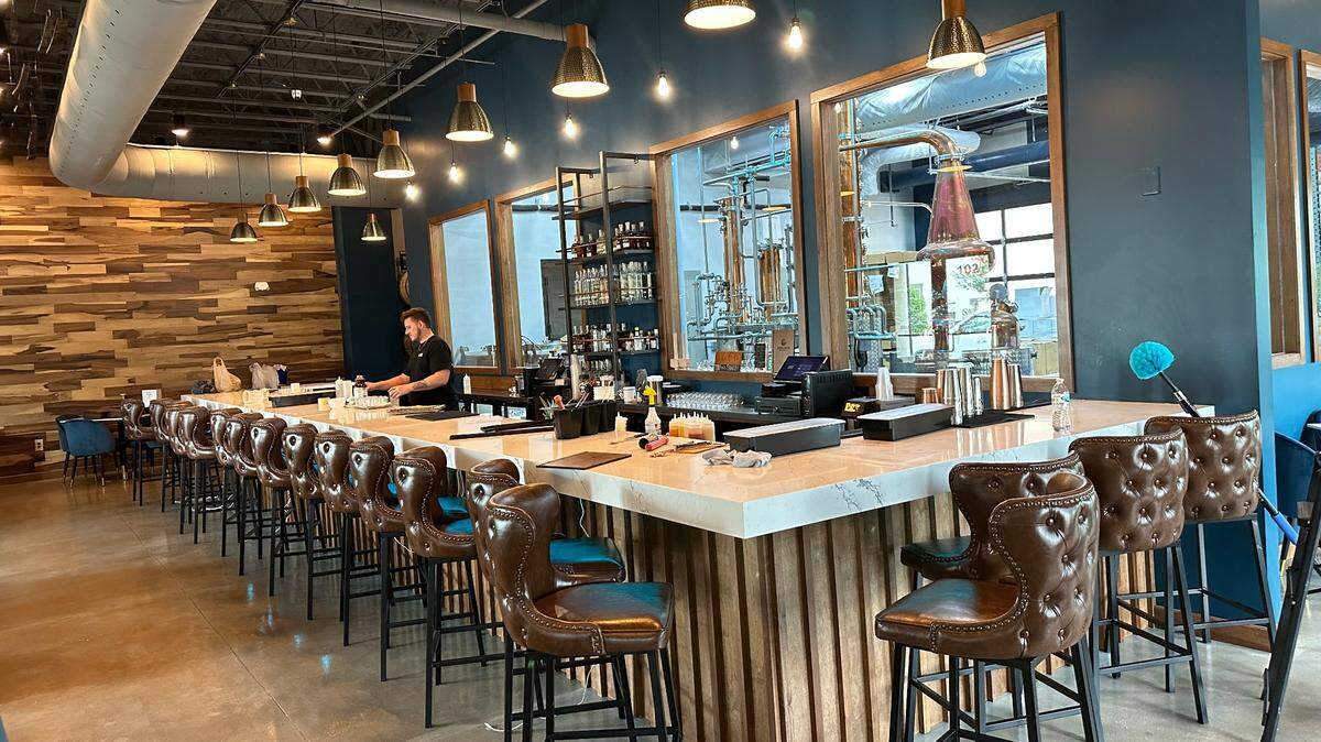 Good Liquid Distilling Company, a small-batch craft distillery with a cocktail lounge, recently opened in Waterside Place, a Lakewood Ranch dining and entertainment district south of University Parkway, at 1561 Lakefront Drive, Suite 10. Shown Oct. 11, 2023, is the bar and lounge area.