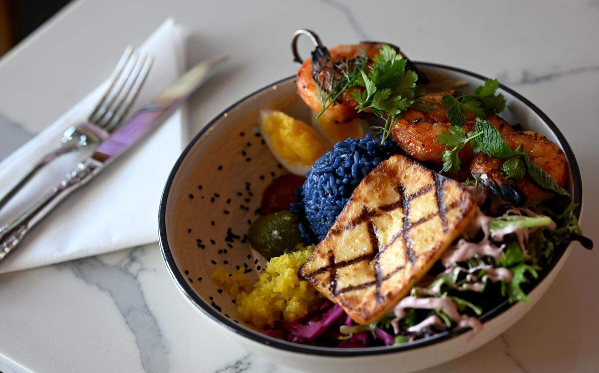 The harissa shrimp bowl at Florence and the Spice Boys in the UTC Mall on April 25, 2025.