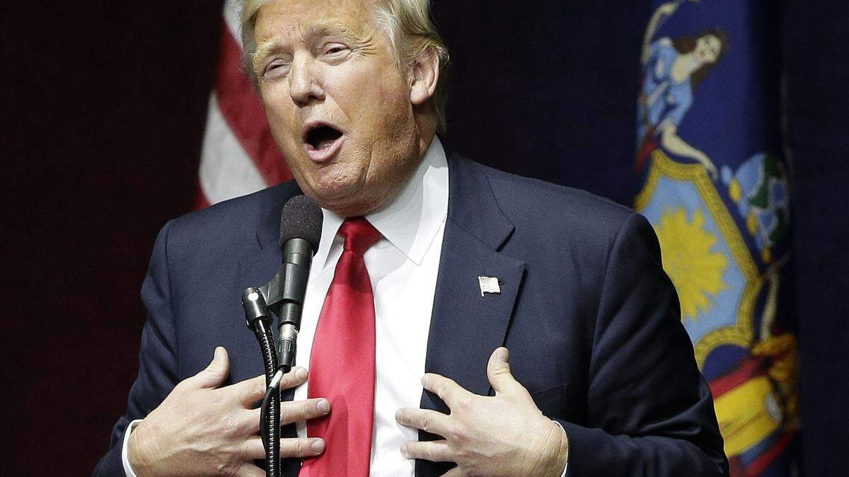 Republican presidential candidate Donald Trump speaks during a campaign rally, Wednesday, April 6, 2016, in Bethpage, N.Y. (AP Photo/Julie Jacobson)