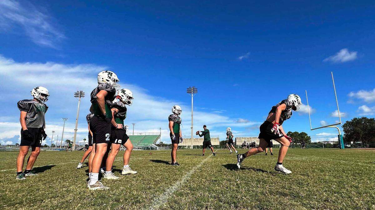 Players train at Lakewood Ranch High football practice at the stadium field Monday afternoon.