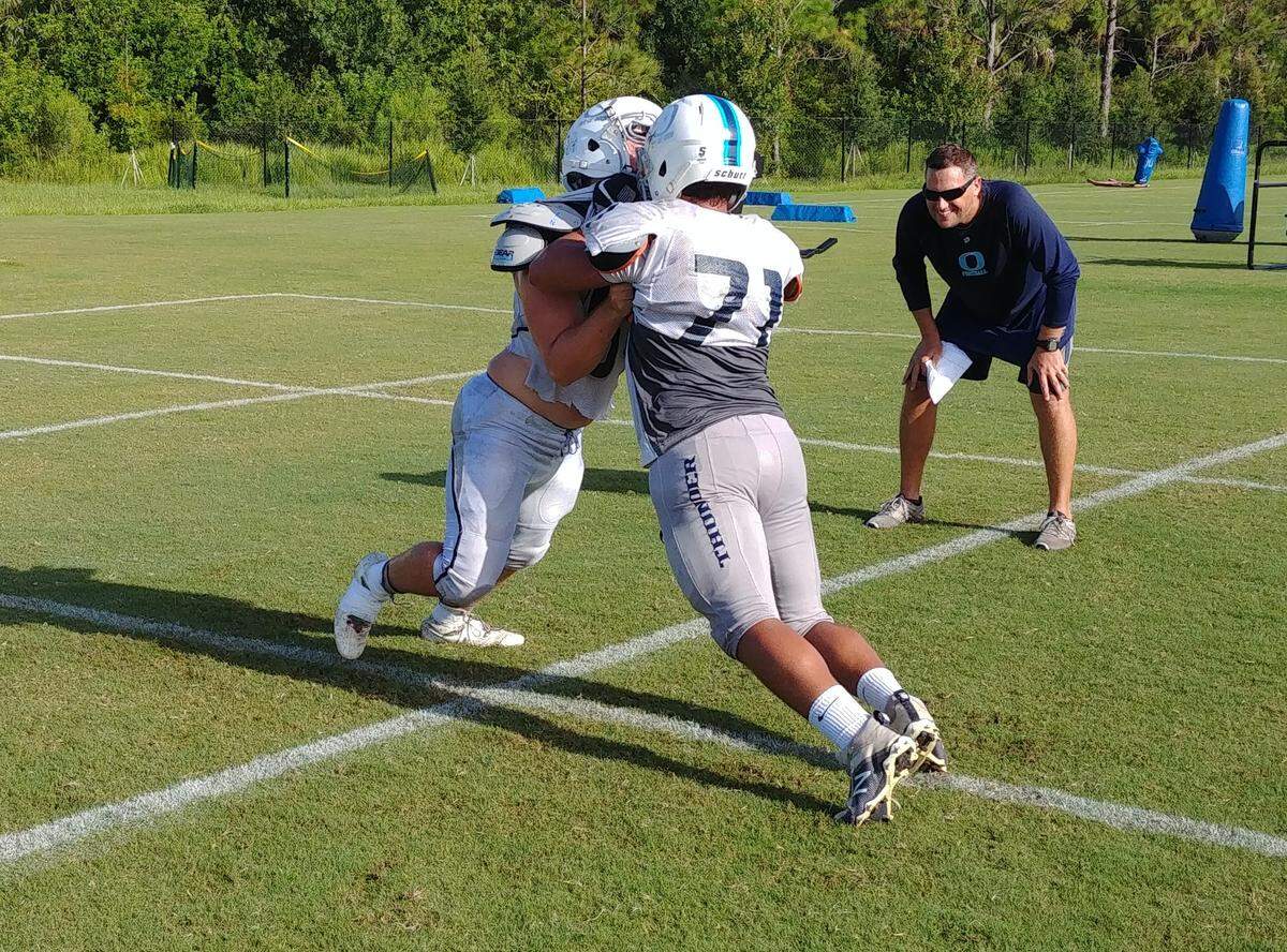 Senior captain Ethan Marino (left) will help anchor Ouf-of-Door’s offensive line.