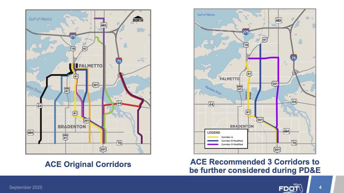 Florida Department of Transportation representatives narrowed the scope of the Bradenton-Palmetto Connector Alternative Corridor Evaluation (ACE) study from 10 corridors to three.