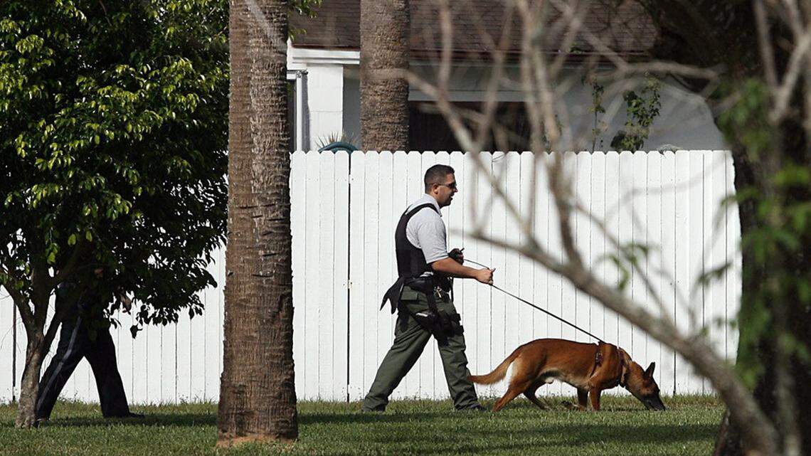 PALMETTO, 2/14/07--Manatee County Sheriff’s deputy John Finley follows K9 Rico as they search for a suspect who shot a man in Bradenton when confronted during a burglary.--photo by Tiffany Tompkins-Condie/d