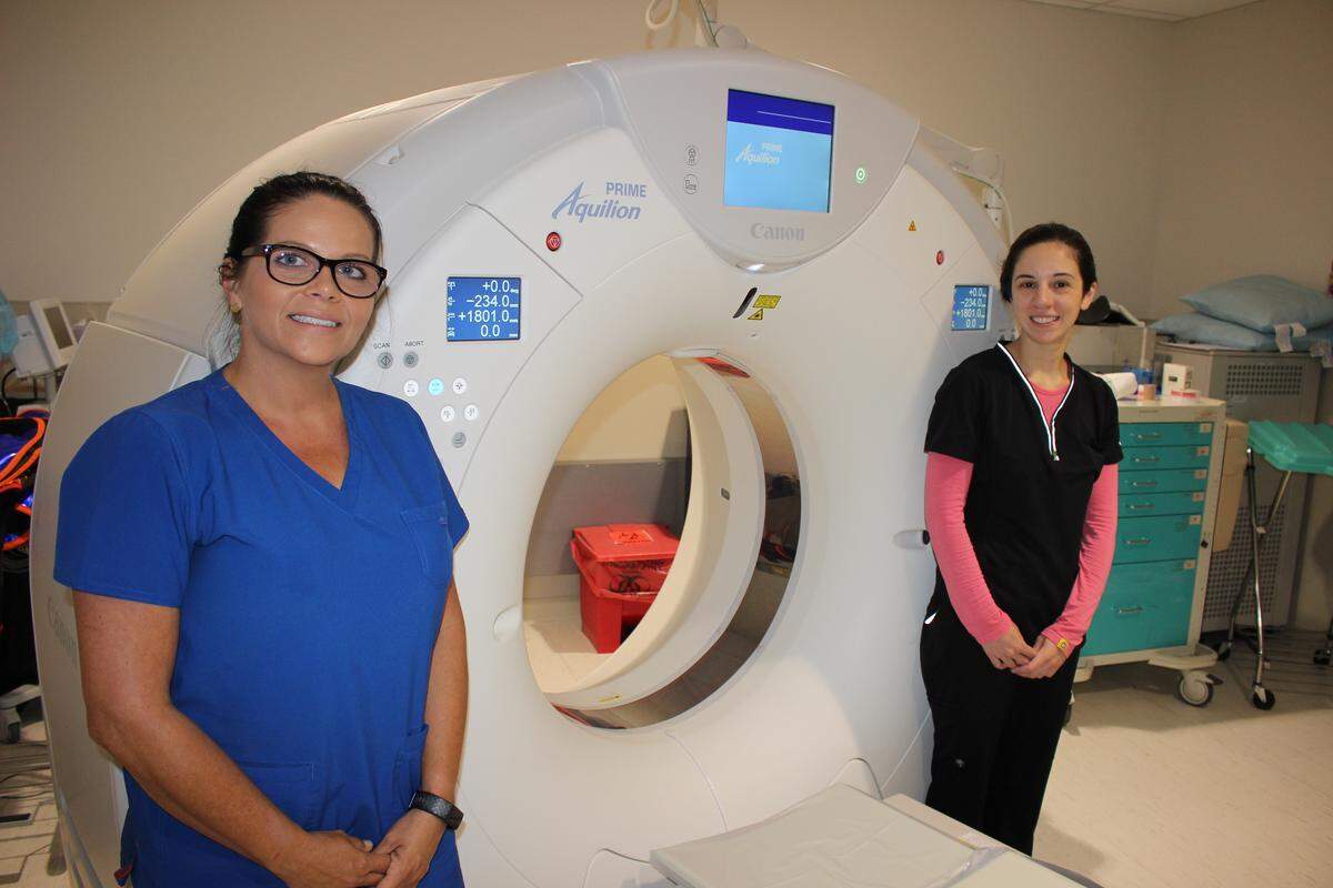 Ann Woosley, CT/MRI supervisor, left, and Megan Polifrone, CT scan tech, are shown with new CT scan equipment that is faster and more compact than previous imaging equipment used at Lakewood Ranch Medical Center.