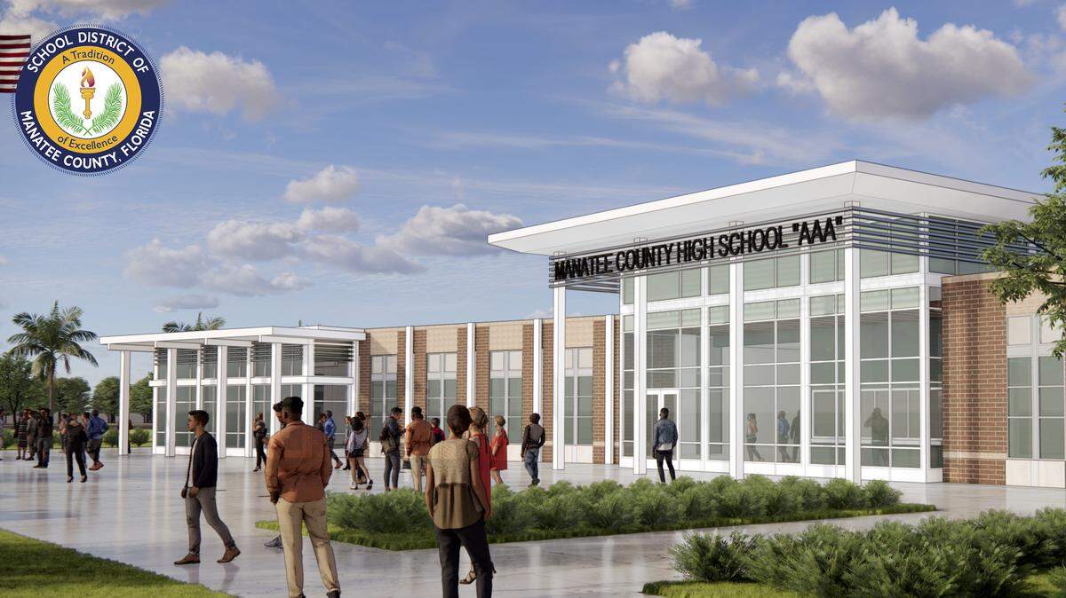 A rendering shows off the design of a new high school coming to Lakewood Ranch at the southwest intersection of Rangeland Parkway and Post Boulevard in Lakewood Ranch. The school, which does not have a final name, is set to open in August 2027.