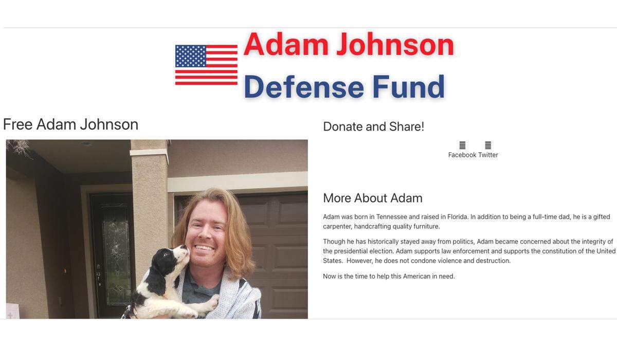Screen grab of web archived image of defense fund for Adam Johnson.
