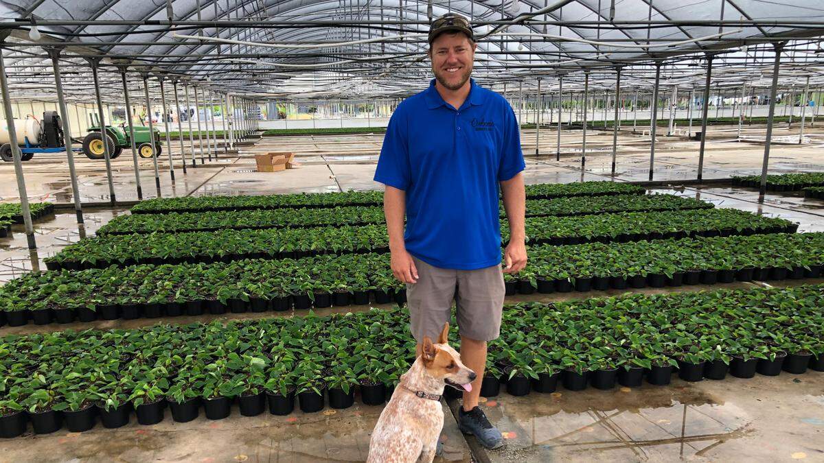 7/29/2021--Tyler Orban, shown with company mascot Piper, was all smiles Thursday after purchasing the 22-acre Orban’s Nursery property. Shown behind him are some of the freshly rooted poinsettias that will provide a blaze of color for the holidays in December.