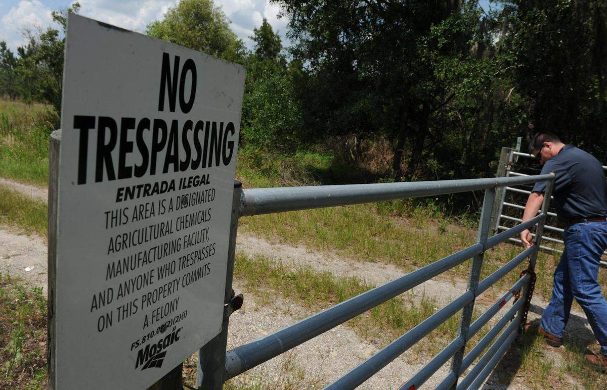 Signs are posted at Mosaic’s mining operations warning against trespassing.  There are more than 17,000 acres of land approved for phosphate mining in Manatee County.