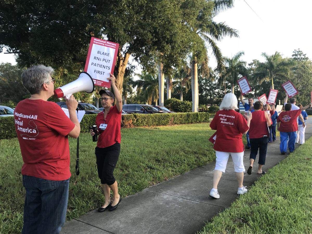 7/13/2018--Registered nurses at 10 Central and Gulf Coast Florida hospitals, including Blake Medical Center in Bradenton, have reached a tentative agreement with HCA Healthcare on a new collective bargaining contract. Nurses at Blake are shown in 2018 during a contract protest.