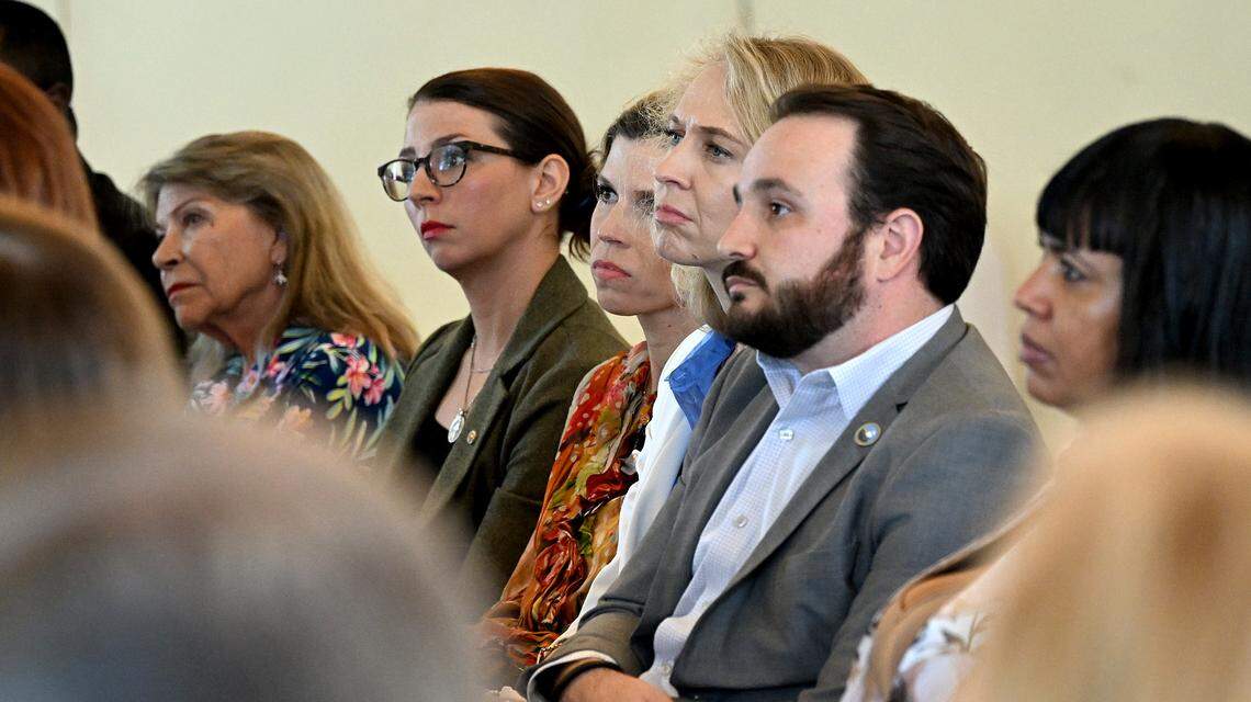 An audience including Carol Felts, Amanda Ballard, Courtney de Pol and others listen as Florida’s Chief Financial Officer, Blaise Ingoglia, held a press conference at Pier 22 in Bradenton to announce what state leaders have called wasteful Manatee County Government spending on Thursday, Oct. 16, 2025.
