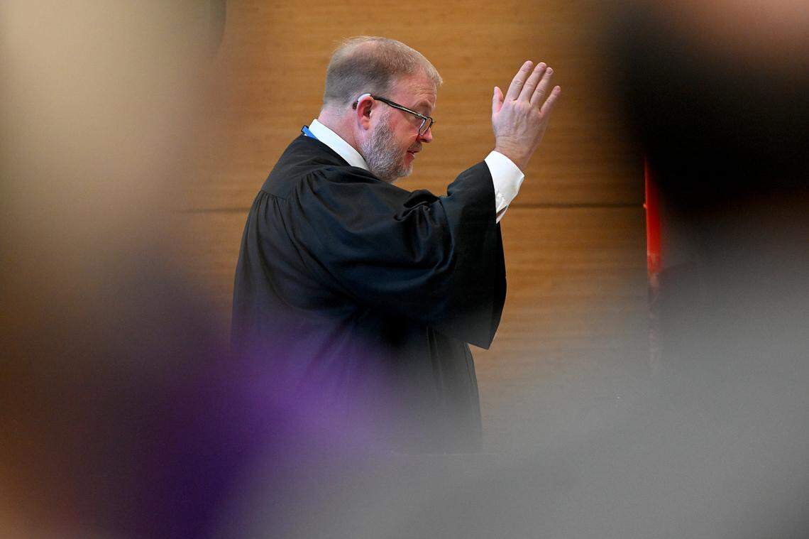 Judge Matt Whyte sends the jury out so Ashley Benefield can compose herself while on the stand on the fourth day of her trial for the second-degree murder of her husband, Doug Benefield, in 2020 at the Manatee County Judicial Center, July 26, 2024.