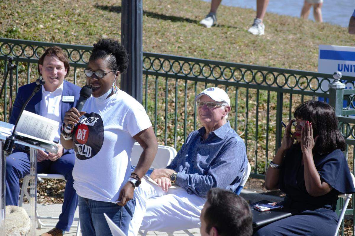 Poet and activist Melanie Lavender speaks at a “United Against Hate” rally at Bayfront Park in downtown Sarasota on Feb. 20, 2022.