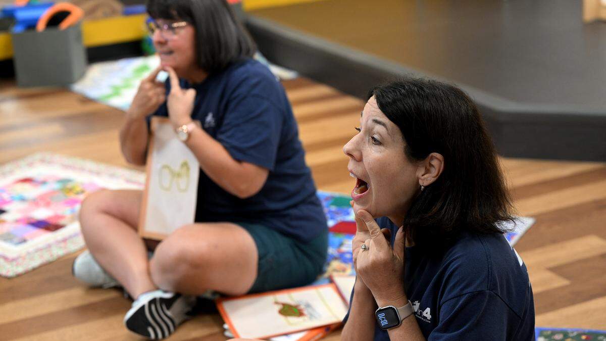 Tina Duvall teaches through story time at the Soar Lab, which recently opened in Manatee County's Sara Scott Harllee Center. They provide families with hands-on learning experiences that are tied to early development learning standards shown on Friday, Oct. 17, 2025.