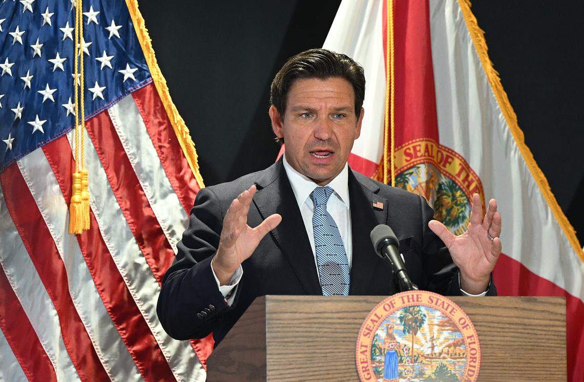 Florida Governor Ron DeSantis discusses plans to bring DOGE to Manatee County during a press conference held at the Manatee Performing Arts Center in Bradenton on July 24, 2025.