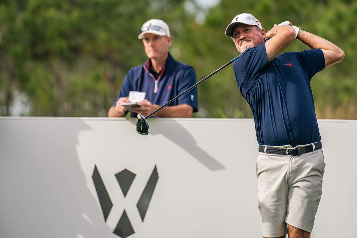 Team USA’s Jerry Kelly hits a tee shot during a practice round for the World Champions Cup at the Concession Golf Club in East Manatee on Wednesday, Dec. 6, 2023.