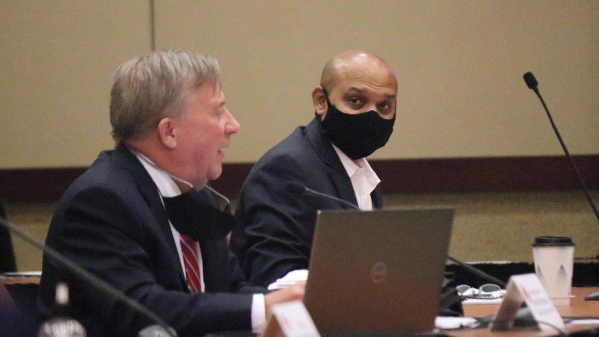 Funding for the Transform 2045 plan will be a challenge worsened by the COVID-19 pandemic, L.K. Nandam, right, District 1 Florida Department of Transportation secretary, told the Sarasota/Manatee Metropolitan Planning Organization on Monday. At left is Dave Hutchinson, executive director of the MPO.